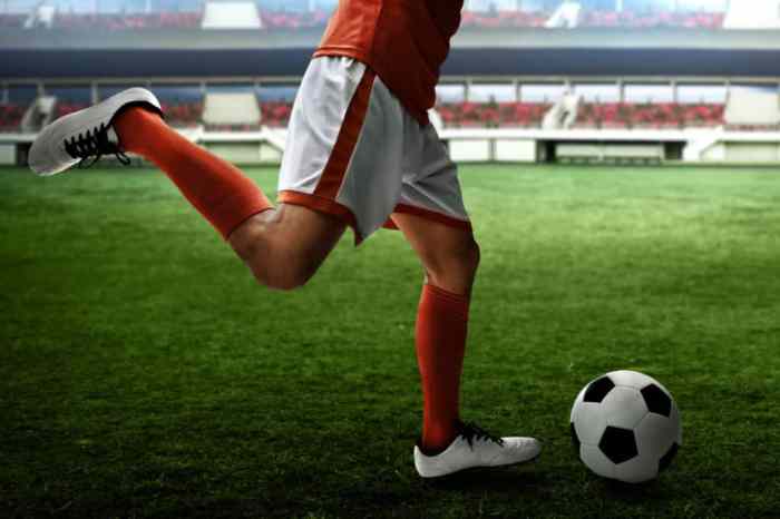 Player ball kicking soccer kick football goal goals viewing towards