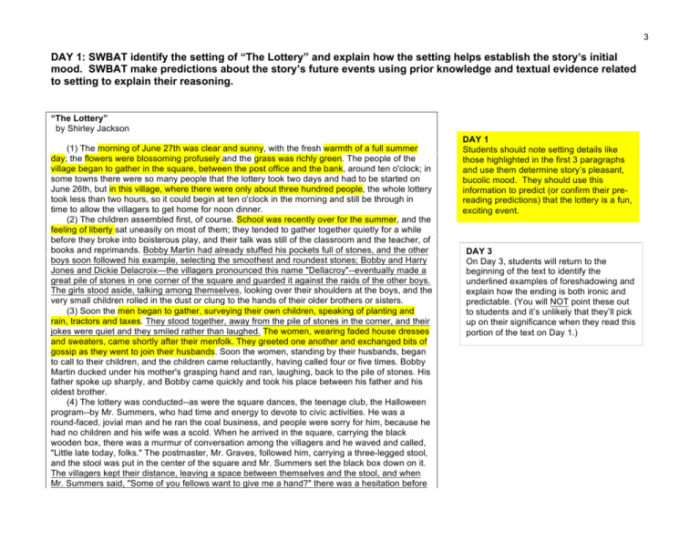 Lottery response analysis text shirley story central idea